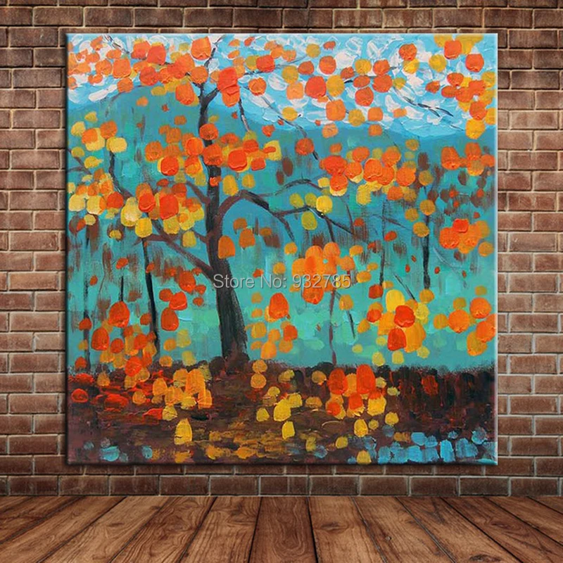 Handpainted Autumn Yellow Leaves Tree Landcape Oil Painting Modern Art