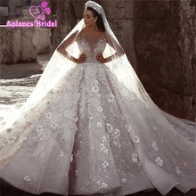 Арабские Свадебные платья кружевное с аппликацией из бусин бальное свадебное платье с длинным рукавом 3d Цветы соборный Королевский Шлейф Vestido De Novia