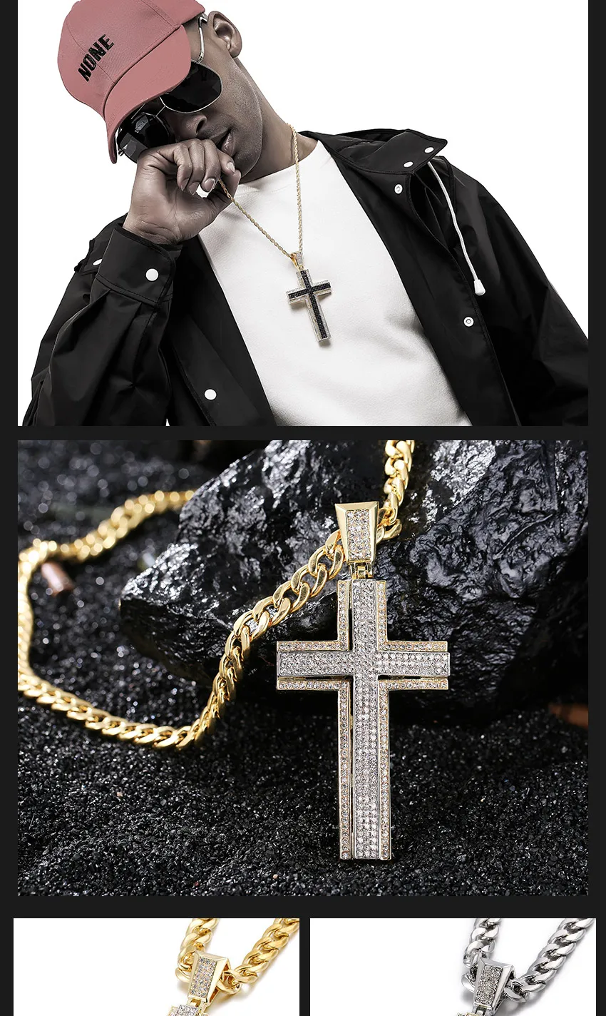 Двойной слой с крестом, ожерелье и кулон для мужчин, со льдом, сияющий Шарм, подвеска с крестом, с кубинской цепочкой, модный подарок на день отца