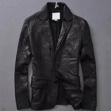 Приталенный мужской костюм из натуральной кожи, черный, коричневый, мужской однобортный костюм из овчины с передним карманом, официальная кожаная мужская куртка