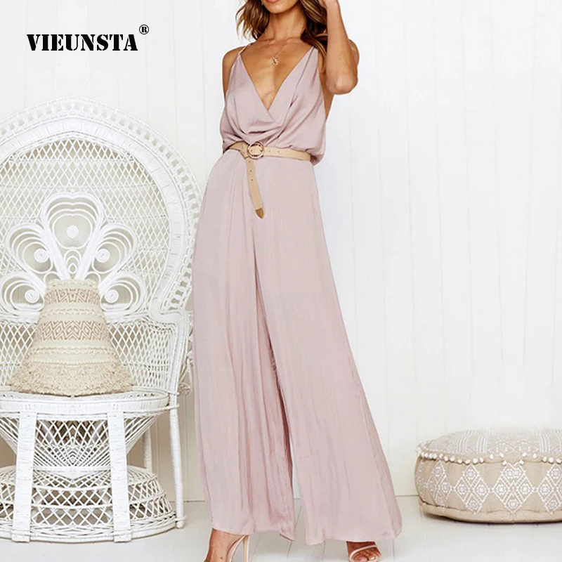 

VIEUNSTA Sexy Spaghetti Straps V-neck Cross Backless Jumpsuits Women Boho Sleeveless Wrapped Party Romper Casual Summer Jumpsuit