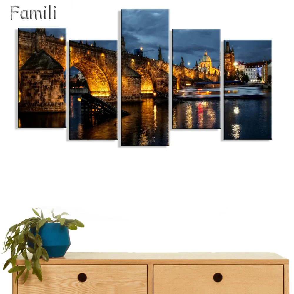 夜景のプラハ城5パネル壁アートキャンバス絵画壁の装飾アートワーククレーウォールアート作品 Canvas Painting Art Canvaspaintings Wall Decor Aliexpress