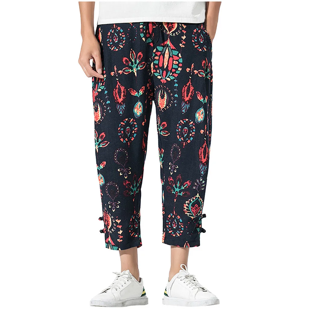 Pantalones hombre 2019 мужские повседневные винтажные свободные хлопковые льняной с принтом лоскутные брюки до щиколотки calca masculina