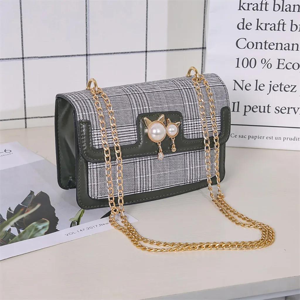 Женская маленькая сумка-мессенджер с жемчугом в консервативном стиле, клетчатые сумочки, женские сумки на плечо с цепочкой, высокое качество, женская сумка