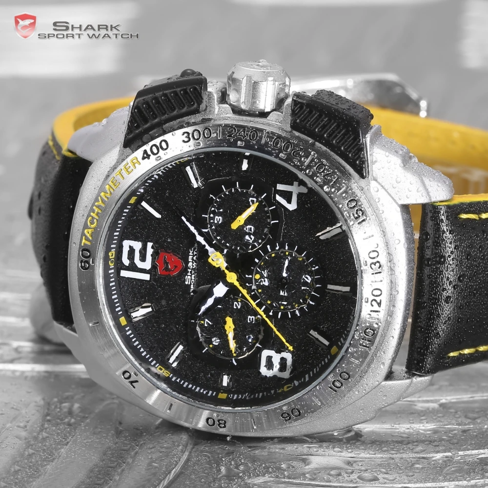 Tiger Shark Sport Watch New Date 24Hrs Silver Bezel Black Yellow Leather Strap Male Clock Military Quartz Men Wristwatch /SH415