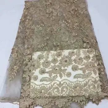 

African Lace Fabric 2019 High Quality Lace White Gold Line French Tulle Lace Fabric With Beads Party African Lace Material