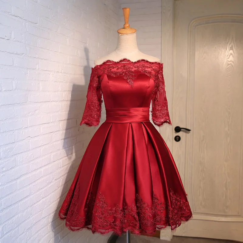 

FOLOBE Women Girls Burgundy Lace Dresses Elegant Vintage Appliques Short Sleeve Ball Gown Evening Party Dresses Formal Dresses