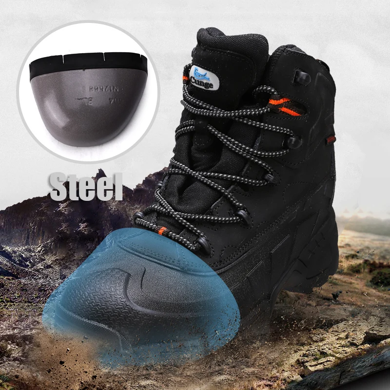 Cungel New Men Outdoor Hiking shoes Steel toe cap Safety shoes High quality Leather Work boots Military Combat boots Climbing