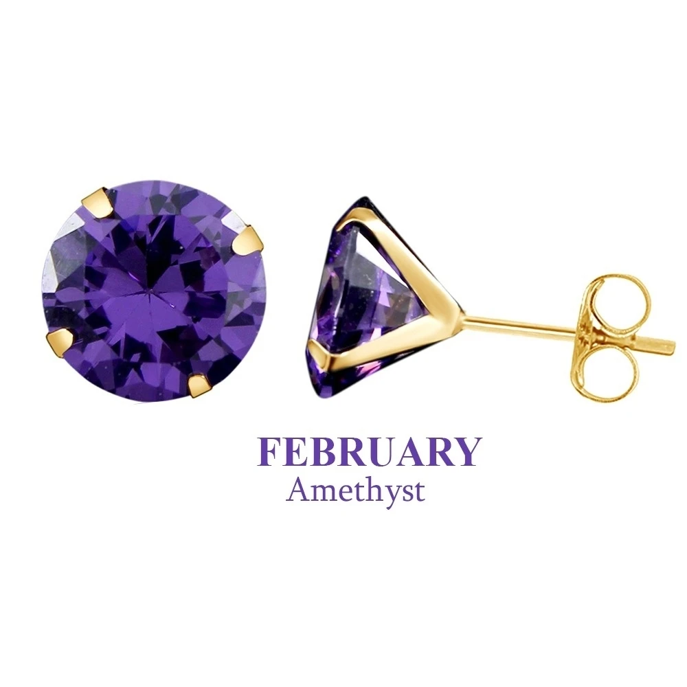 Solid 10K Yellow Gold 7mm Round Amethyst February Birthstone Stud Earrings