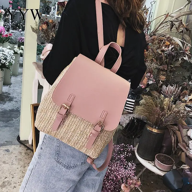 

YYW High Quality Pu Leather Patchwork Bag Weave Backpack Straw Square Shape Shoulder Bags For Women Fashion School Bookbags Girl