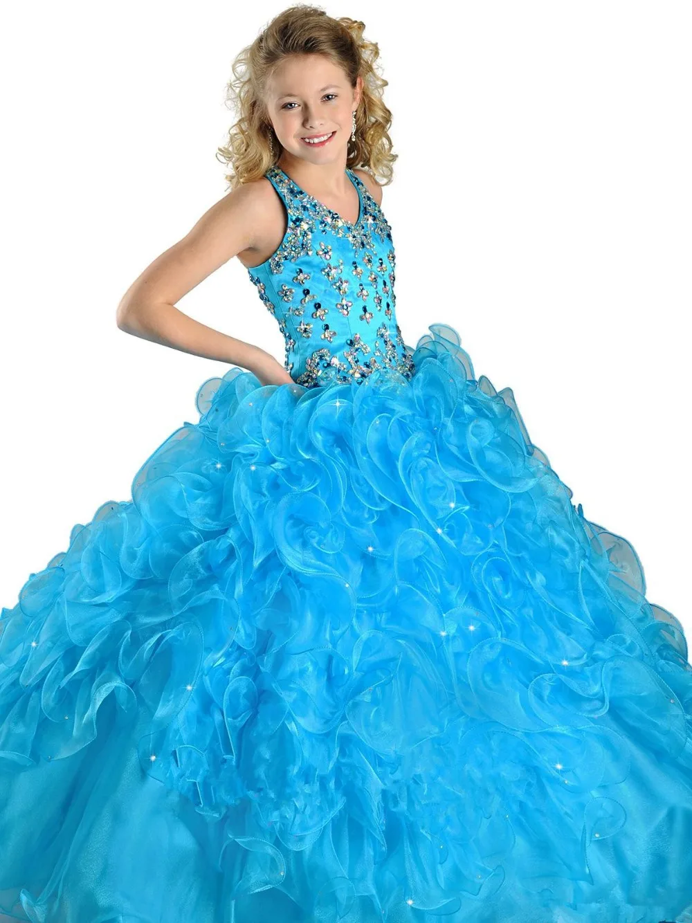 

2019 Hot Sale V-Neck Ruffles Floor-Length Backless With Beading Crystal Blue Organza Flower Girl Dresses