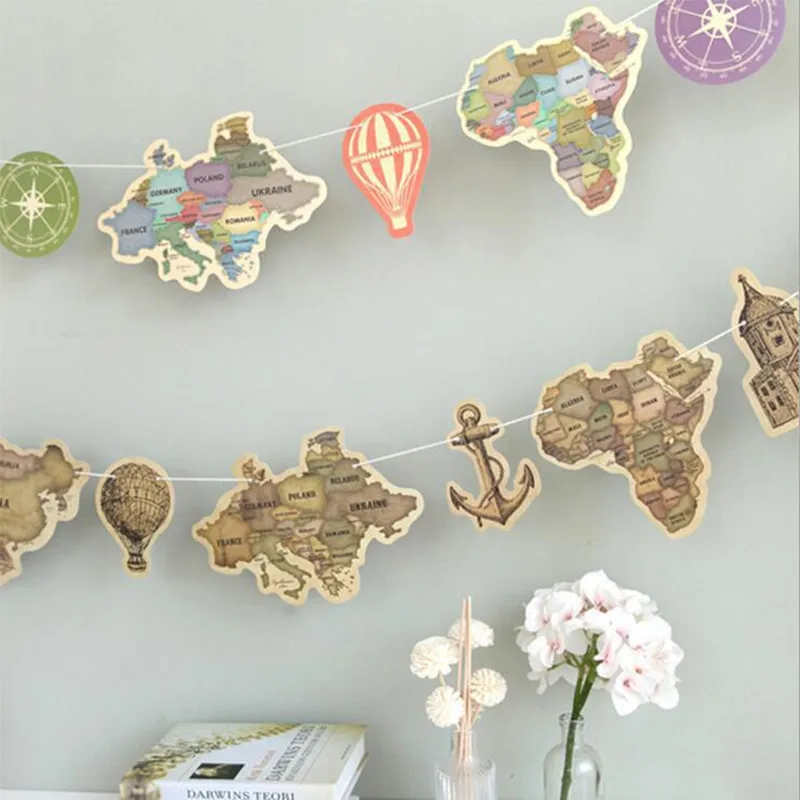 

9pcs Ancient World Mainland Map Paper Flags Pennants Anchor Fire Balloon Banner Travel World String Bunting for Home decoration