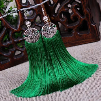

Yesucan Ethnic Good Quality Cotton Long Tassel Earrings Bohemai Vintage Big Hollow Circle Dangle Jewelry for Women Party Gift
