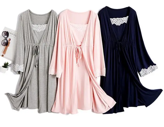 

Spring Maternity Pajamas 2 Pcs Set Nursing Sling Dress+Lace Cardigan Jacket Women Sleepwear Nightwear Suit for Breastfeeding