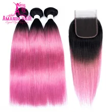 Amanda T1b/розовые бразильские прямые человеческие волосы переплетения пучки с закрытием часть remy Волосы 3 пучка с кружевом 4x4 закрытие
