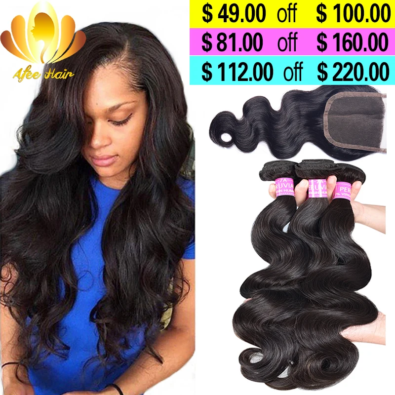 Low Prices 7A Peruvian Virgin Hair with Closure 3 Bundles Puruvian Body Wave Afee Hair Products Lace Closure with Virgin Human Hair Bundles