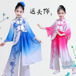 Детские Классические танцевальные костюмы для девочек китайский Стиль элегантный Гучжэны белого и голубого цвета для девочек Yangko