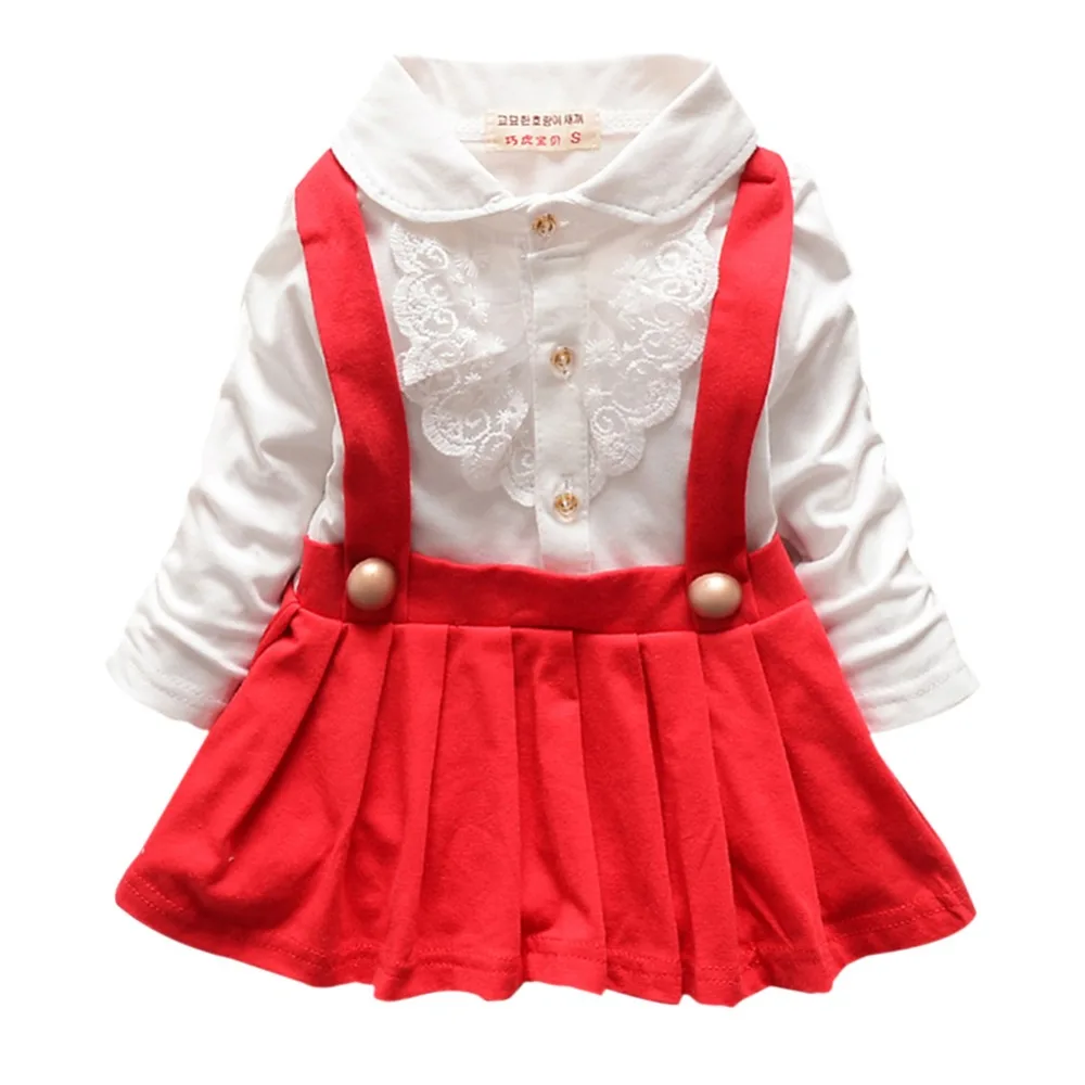 

1pcs Baby Girl Dress Lapel Pleated Suspender Dress Autumn Winter Lace Shirt Vest Clothes