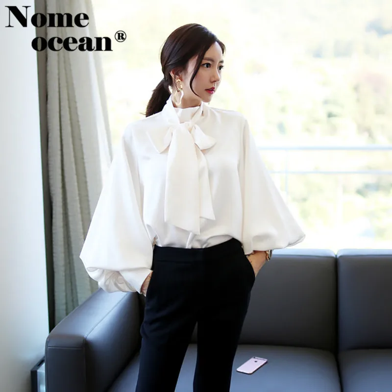 

Elegant Bow Collar Women's Shirts Solid Color Lantern Sleeve Tops of Women Long Sleeve Blouses OL Shirt Female Top M18090125
