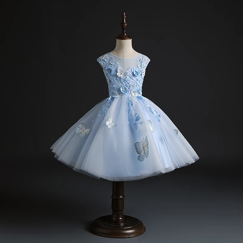 

Blue Lace Baby Girl Clothes Wedding Dress Newborn Christmas Princess Gown Bead Butterfly Infant 1 Year Birthday Girl Party Dress