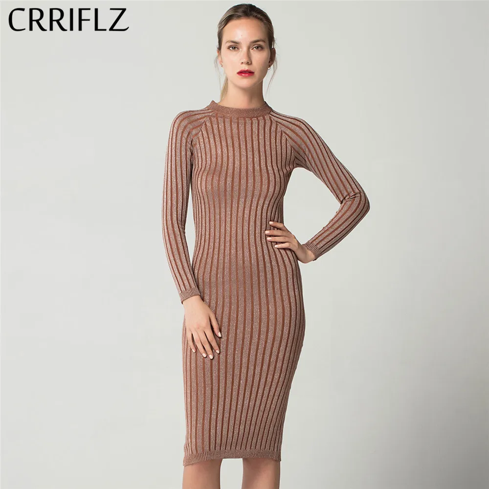 Kopen Slim Heldere Zijde Jurk O Hals Gebreide Lange Mouw Jurk Voor Vrouwen Bodycon Potlood Jurk Kantoor Dame CRRIFLZ Lente Herfst collectie