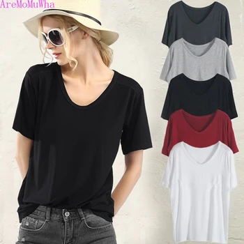 

AreMoMuWha New Casual Summer Loose Modal T-Shirts Women Solid V-Neck Plus Size T-Shirt All-Match OL Short Sleeve Tops Tees Mh036