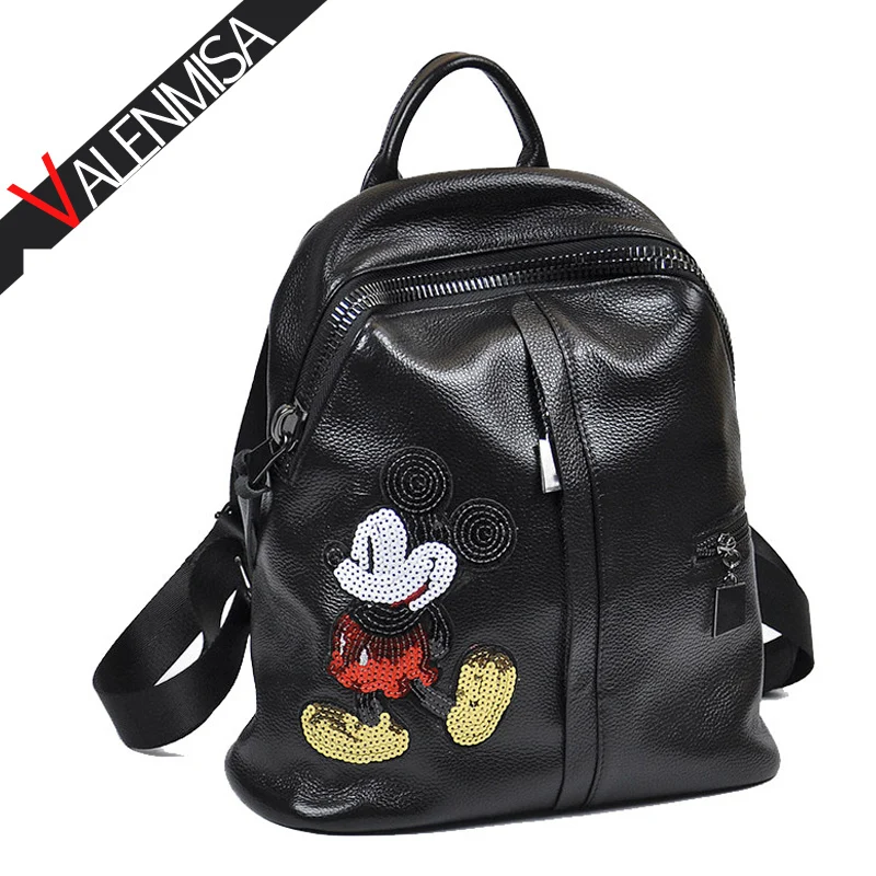 VALENMISA Brand Mickey Genuine Leather Cute Backpack Women S Designer Black Cartoon Travel Bags School Bags