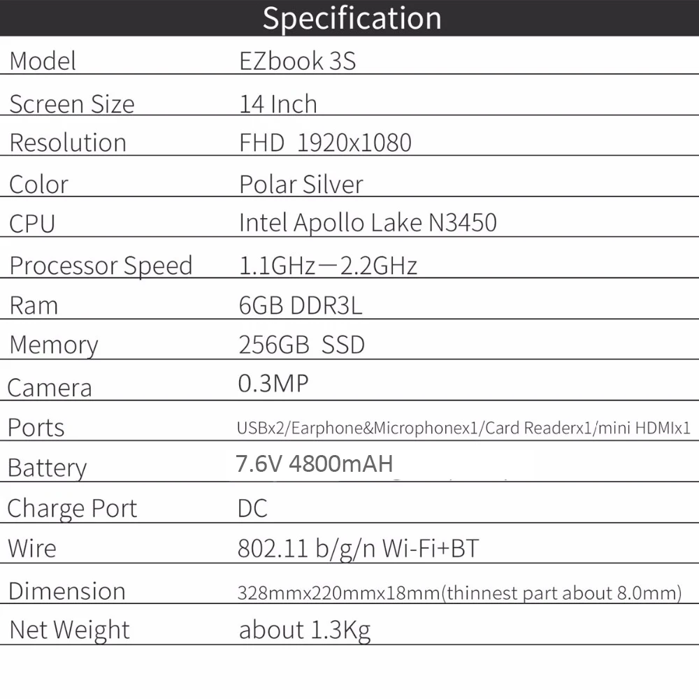 Джемпер ezbook 3 s 14 дюймов ноутбука 6 ГБ DDR3L ОЗУ 256 хранения SSD Intel Apollo Lake N3450 1080 P FHD экран