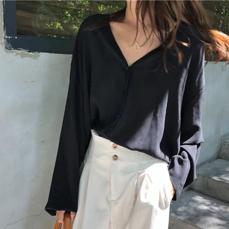 

3 Colors Women V Neck Blouse Loose Long Sleeve Tops Female Chiffon Blouses Solid Color Shirts 2019