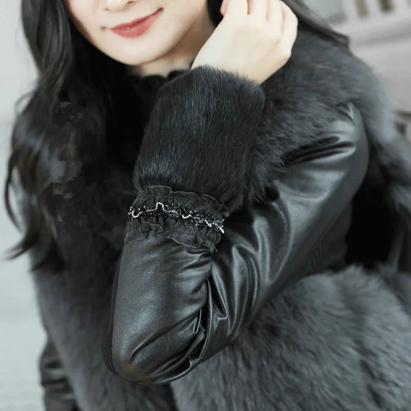 

Brand Designer Women's Winter Autumn Turtleneck Sweaters Fur Cotton Warm PU Leather Patchwork Sweater Knitted Pullovers NS53