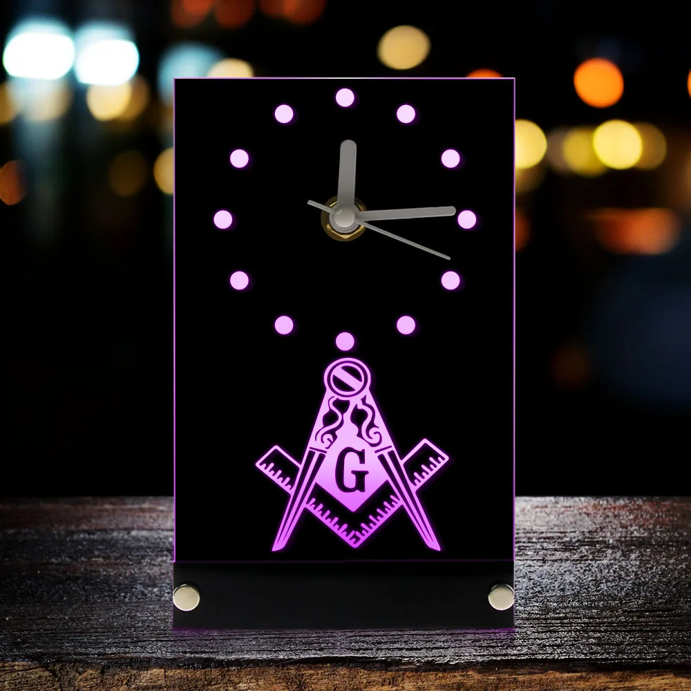 

Masonic Mason Freemason Emblem Table Clock With LED Backlight Masonic Square And Compass Freemason Logo LED Neon Sign Desk Clock