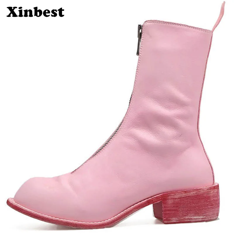 

Xinbest 2018 Women Boots Genuine Leather Womens Winter Boots Round Toe Ankle Boots For Women Square heel Women Martin Boots