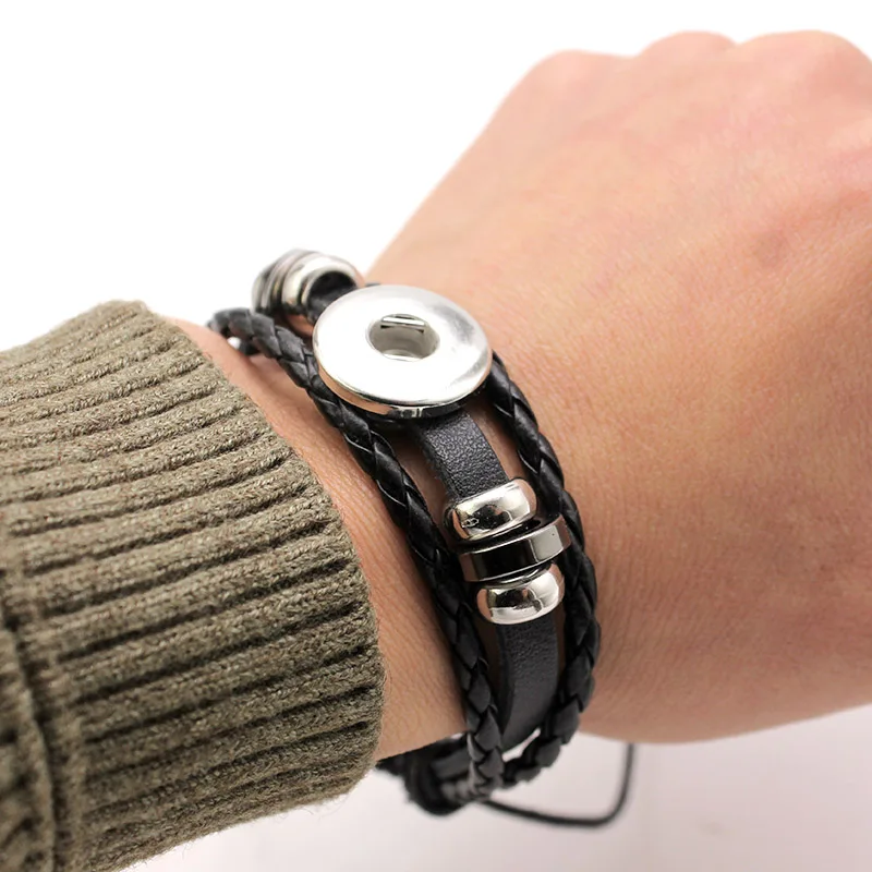 Snap Leather Bracelet Retro Handmade Braided Leather Snap Button Bracelets & Bangles 10pcs Fit 18mm Jewelry