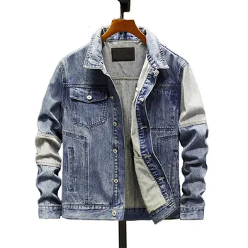 

MORUANCLE Men's Washed Jeans Jackets Vintage Denim Trucker Jacket And Coat For Man Patchwork Jean Outerwear Size M-XXXL