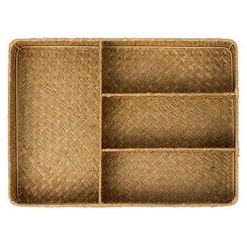 

Handmade Straw Woven Storage Box Sundries / Tableware / Cosmetics Natural Multi-Function 4 Slot Kitchen / Office Organizer