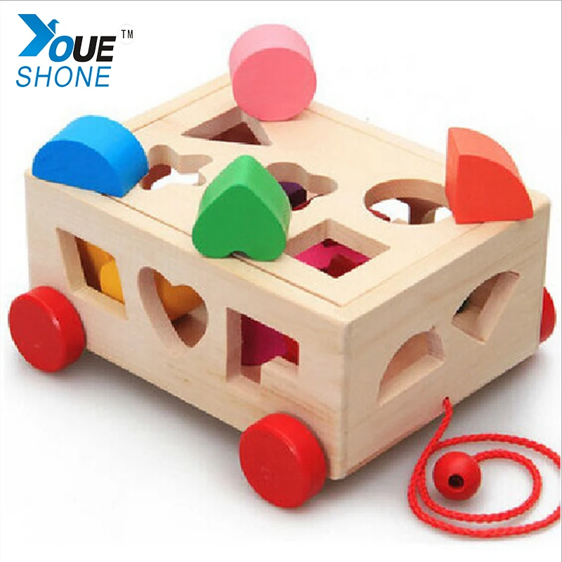 15 Holes Intelligence Box for Dragging Sorter Cognitive and Matching Wooden Building Blocks Baby Kids Children Educational Toy baby-building-blocks