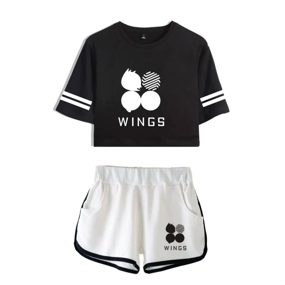 

Bangtan Boys WINGS printed Women Tracksuit Casual Two Piece Set Kpop Sexy short tshirt Tops and shorts Outfits Summer Women Sets