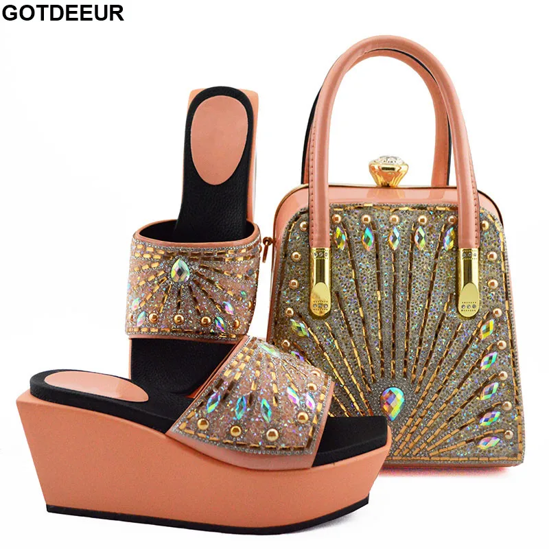

African Matching Shoes and Bags Italian In Women Ladies Shoes with Matching Bags Set with Rhinestone Plus Size Shoes Women Heel