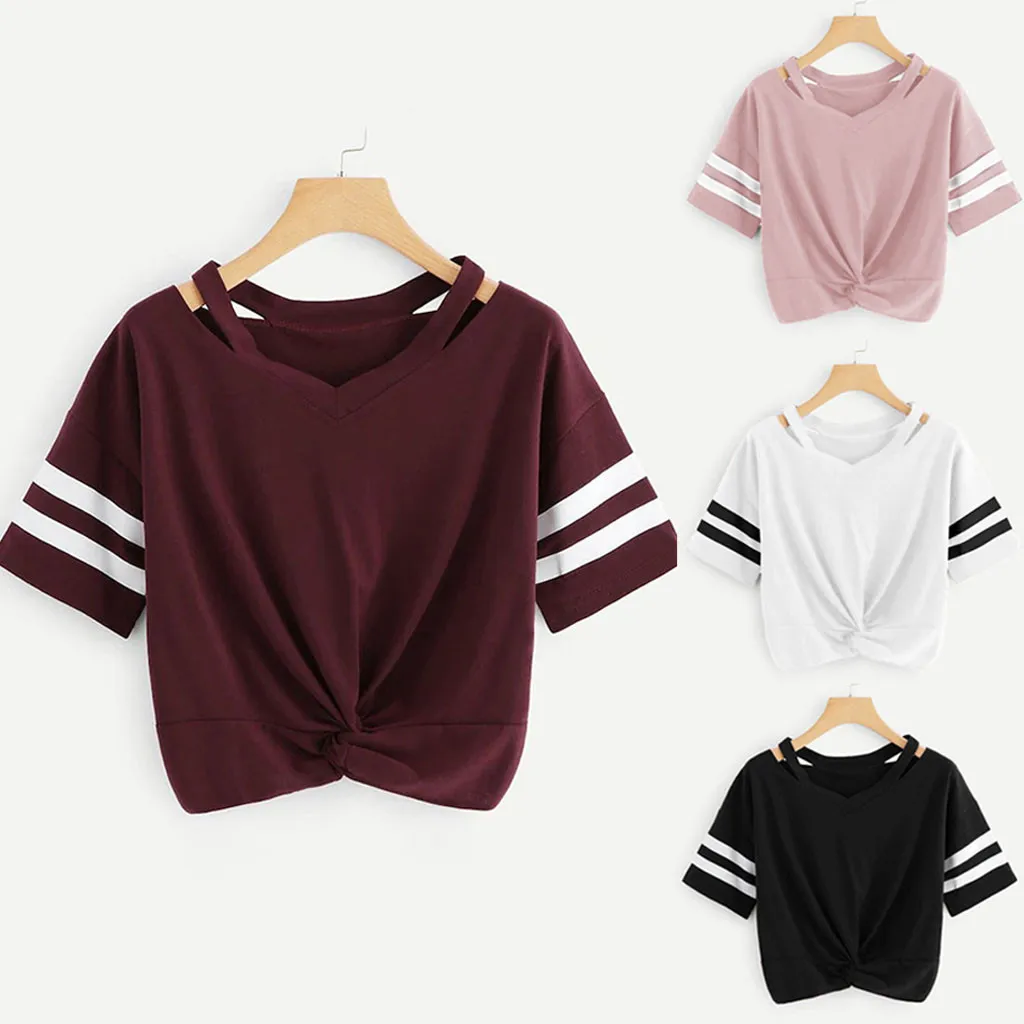 

2019 Women's fashion casual trend short T-shirt female cropped short-sleeved O-neck knotted shirt ladies large size loose shirt