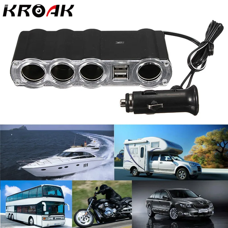 

4 Way Multi Socket Car Charger Vehicle Auto Car Cigarette Lighter Socket Splitter & 2 USB Ports Plug Adapter 12v 24v