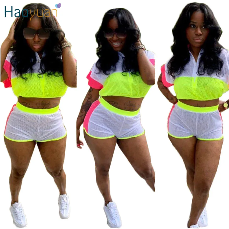 

HAOYUAN Mesh Sexy Two Piece Set Tracksuit Women Crop Top and Biker Shorts Sweat Suit Summer Festival Outfits 2 Pcs Matching Sets