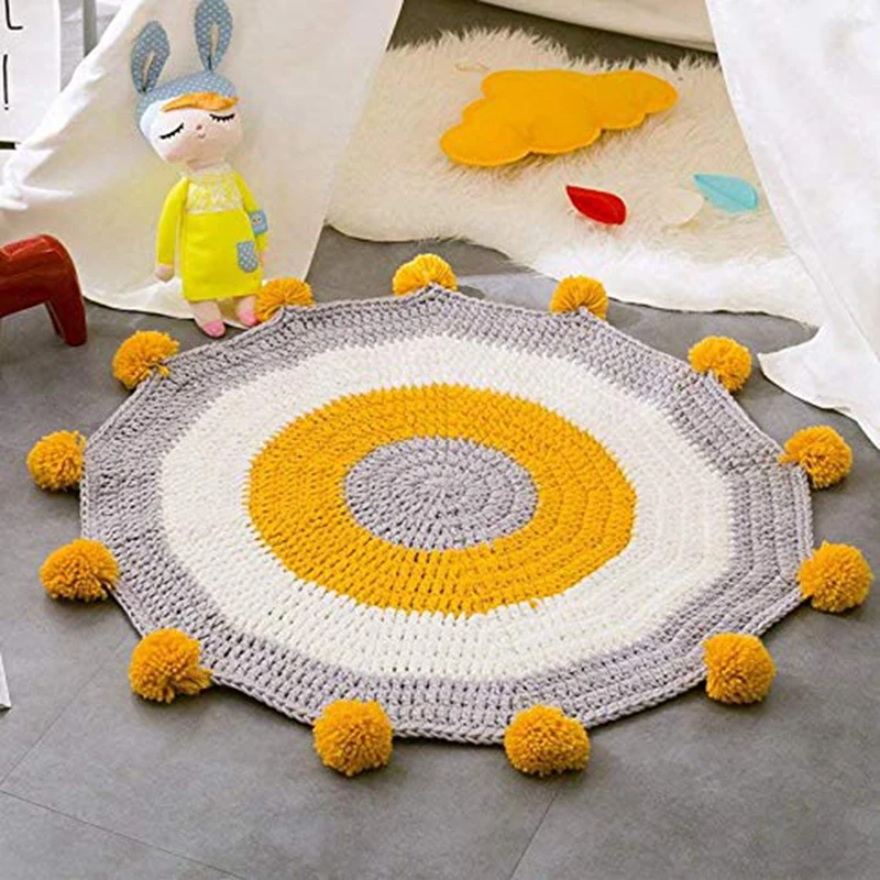 Yellow Круглые коврики для детей, игровой коврик ручной работы, декор для пола, ковер 80 см, вязаный кабель, детская игровая комната, декоративные Мультяшные животные, Ar - Цвет: Yellow