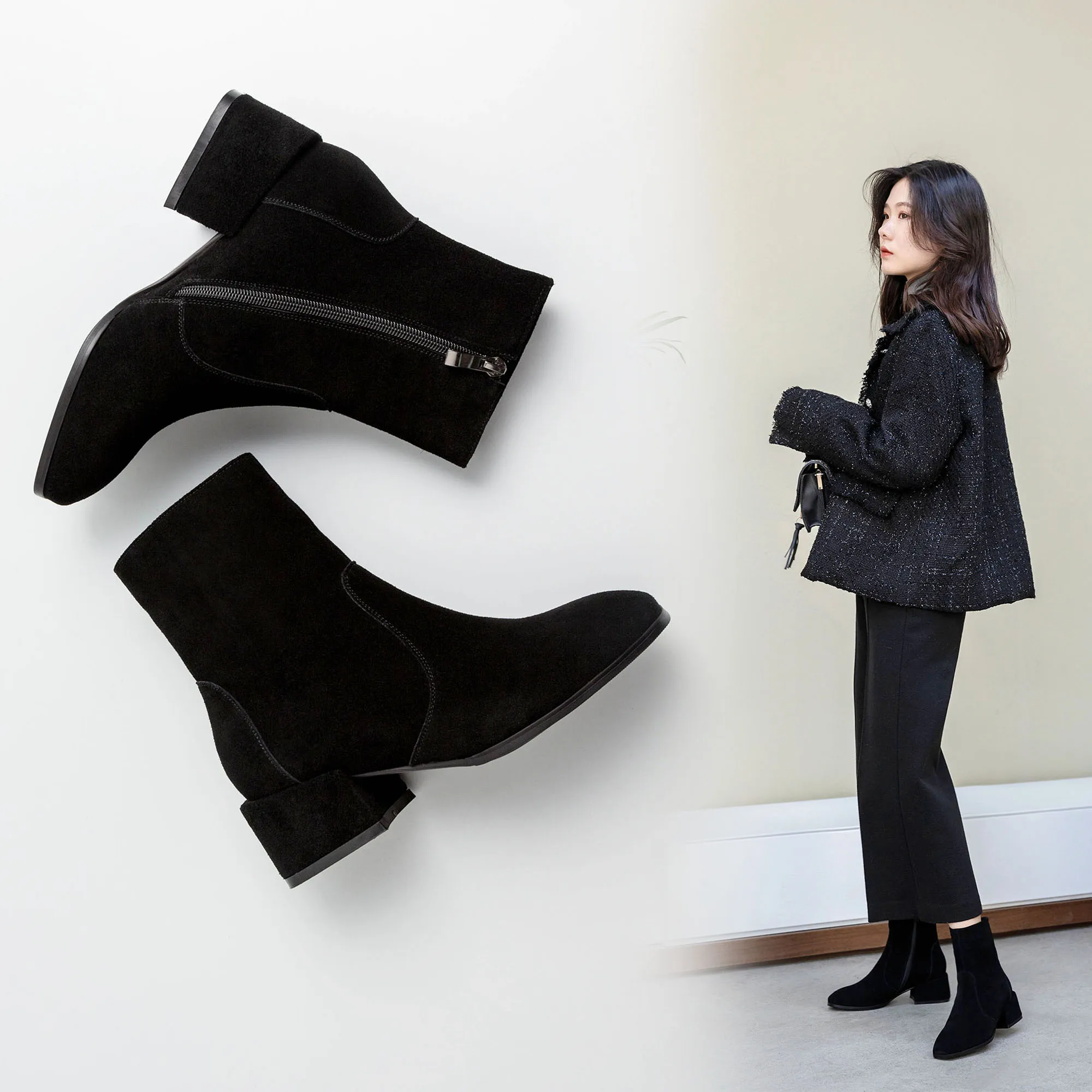 Женские ботинки ботильоны из коровьей замши женские ботинки в европейском и американском стиле длиной 22-24,5 см женская обувь ботинки на молнии на толстом каблуке