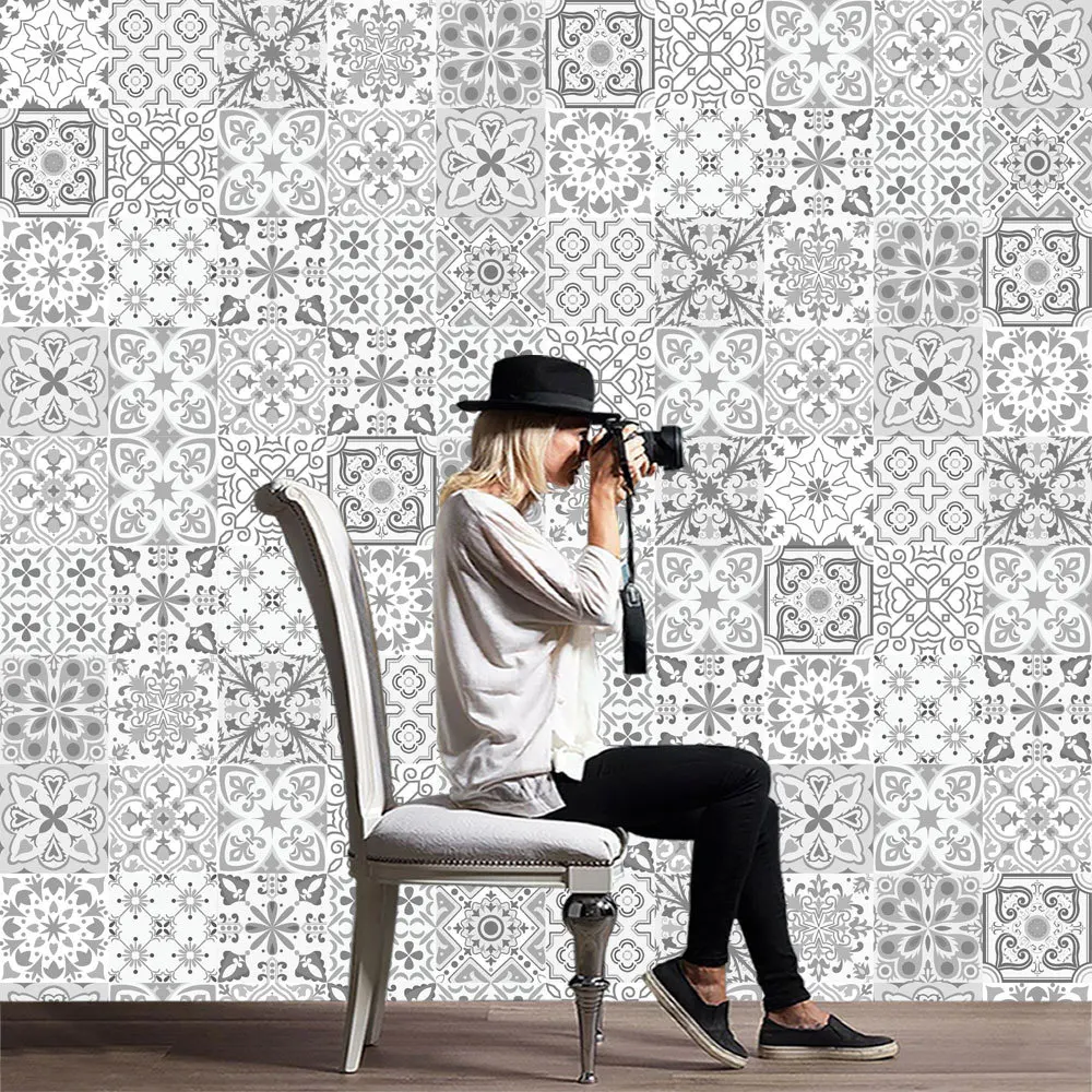 3D Retro Pattern Tile Floor Sticker 20*100cm*1pcs PVC Bathroom Kitchen Waterproof Wall Sticker Home Decor TV Sofa Wall Art Mural