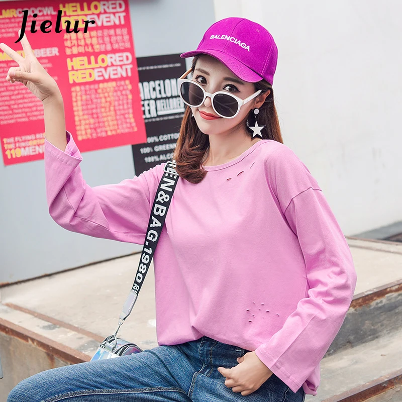 Jielur Autumn Fashion Long Sleeve Women T-shirt Holes Letter Printed Korean Female Top Casual Harajuku Hipster Tee Shirts M-XXL Tops