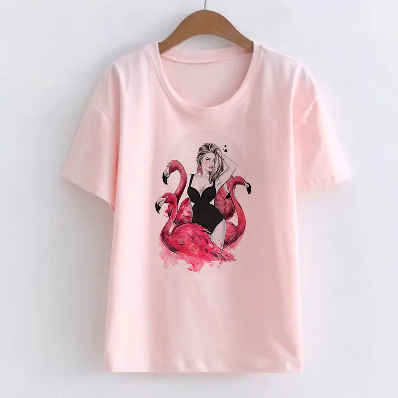 

Sexy Goddess & Flamingo Print Pink TShirt Tops Summer Harajuku Vogue Kawaii Style T-Shirt Streetwear Short Sleeve T Shirt Women
