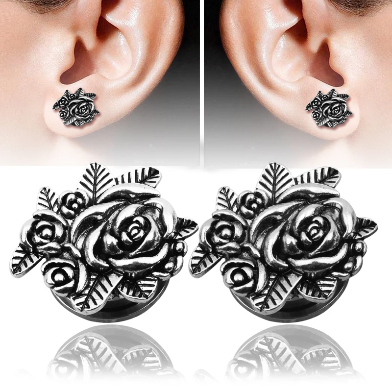 New Fashion 1 Pair Flowers Style Stainless Steel Screw Plug Ear Plug
