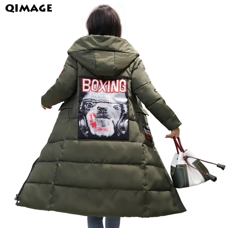 QIMAGE модные зимние пальто новинка 2017 Женская длинная парка с принтом Толстая