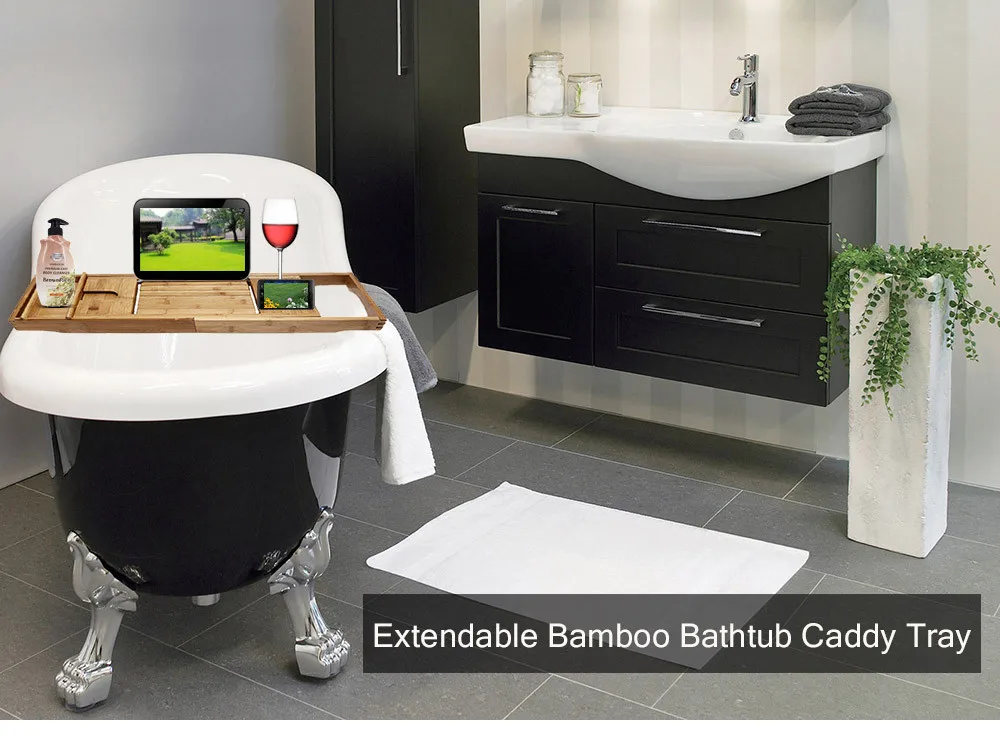 100% Natural Bamboo Bathtub Caddy Tray Organizer Extendable Bathroom Storage Stand Bath Tray Book Pad Phone Holder Shelf 08