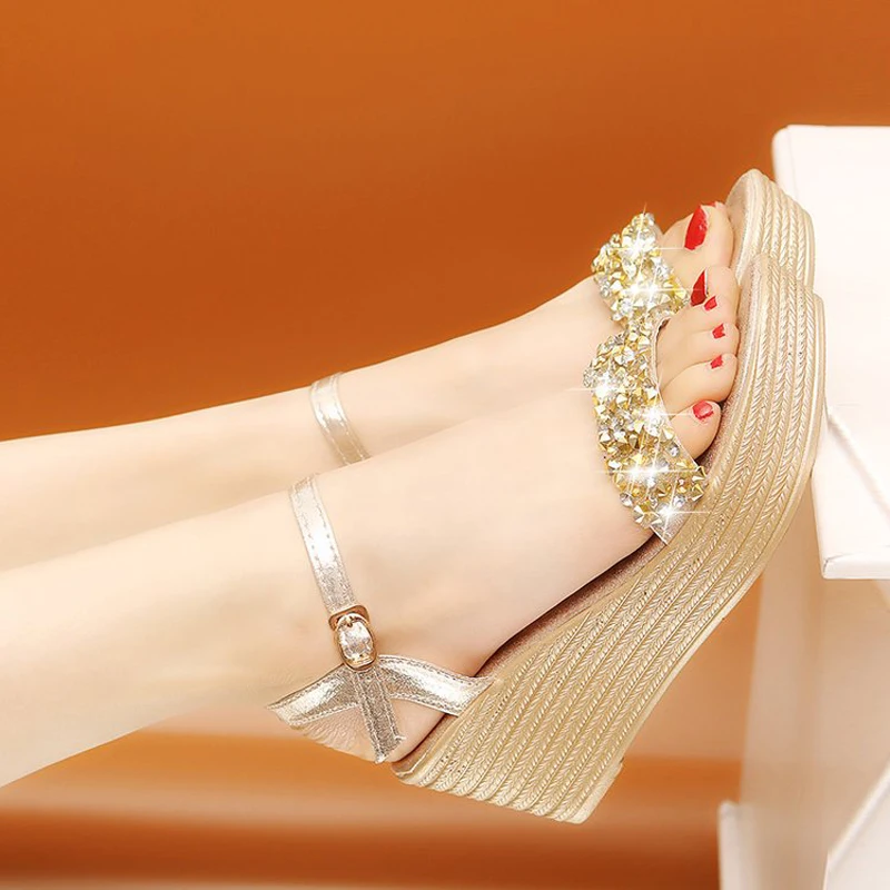 E TOY WORD Women Sandals 2019 Rhinestone Wedges Sandals  Fashion Wild Gold Silver High Heel Sandals Platform Casual Shoes Ladies